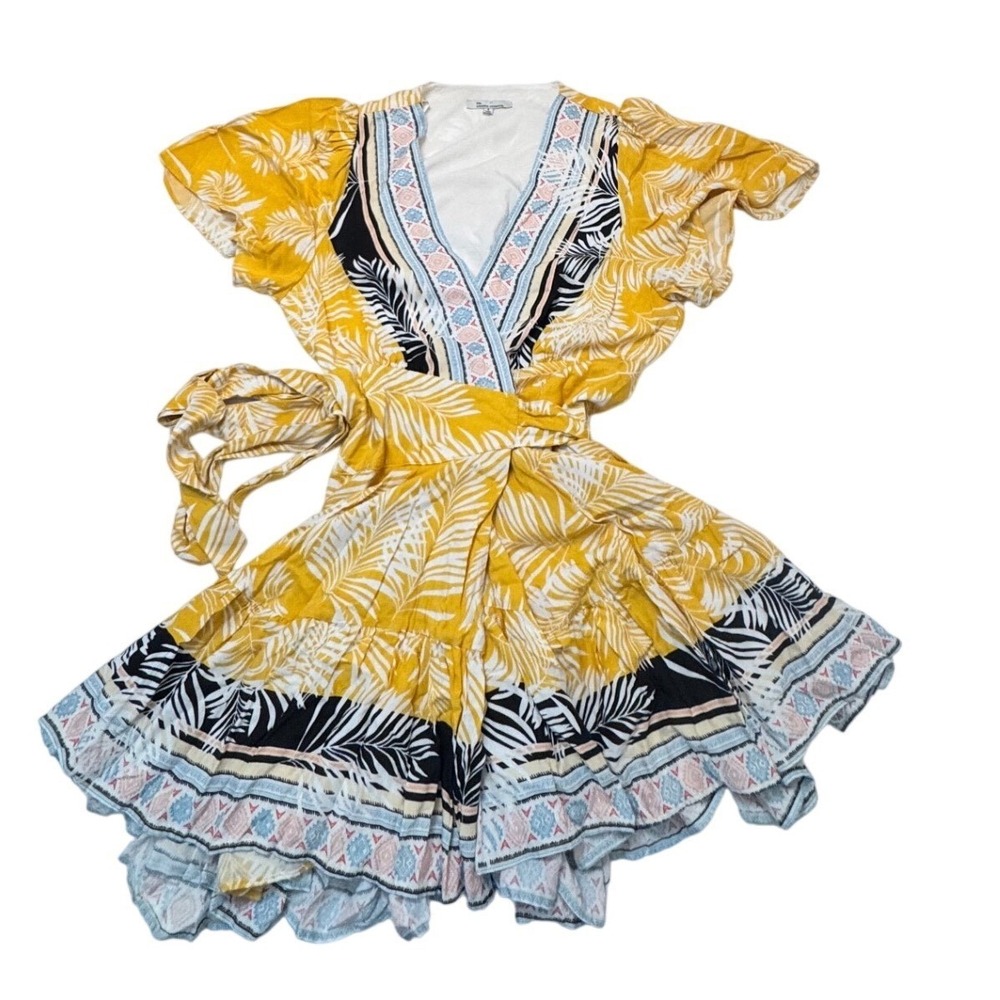 The Clothing Company Yellow Tropical Palm Print Wrap Mini Dress S Boho Summer